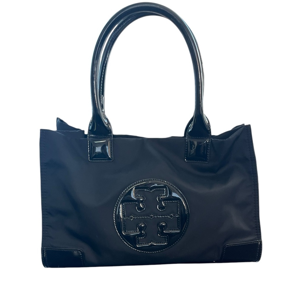 Tory Burch Ella Mini Black Tote with Embossed Logo and Sturdy Handles